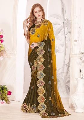 Mustard Embroidery Work Silk Saree Set