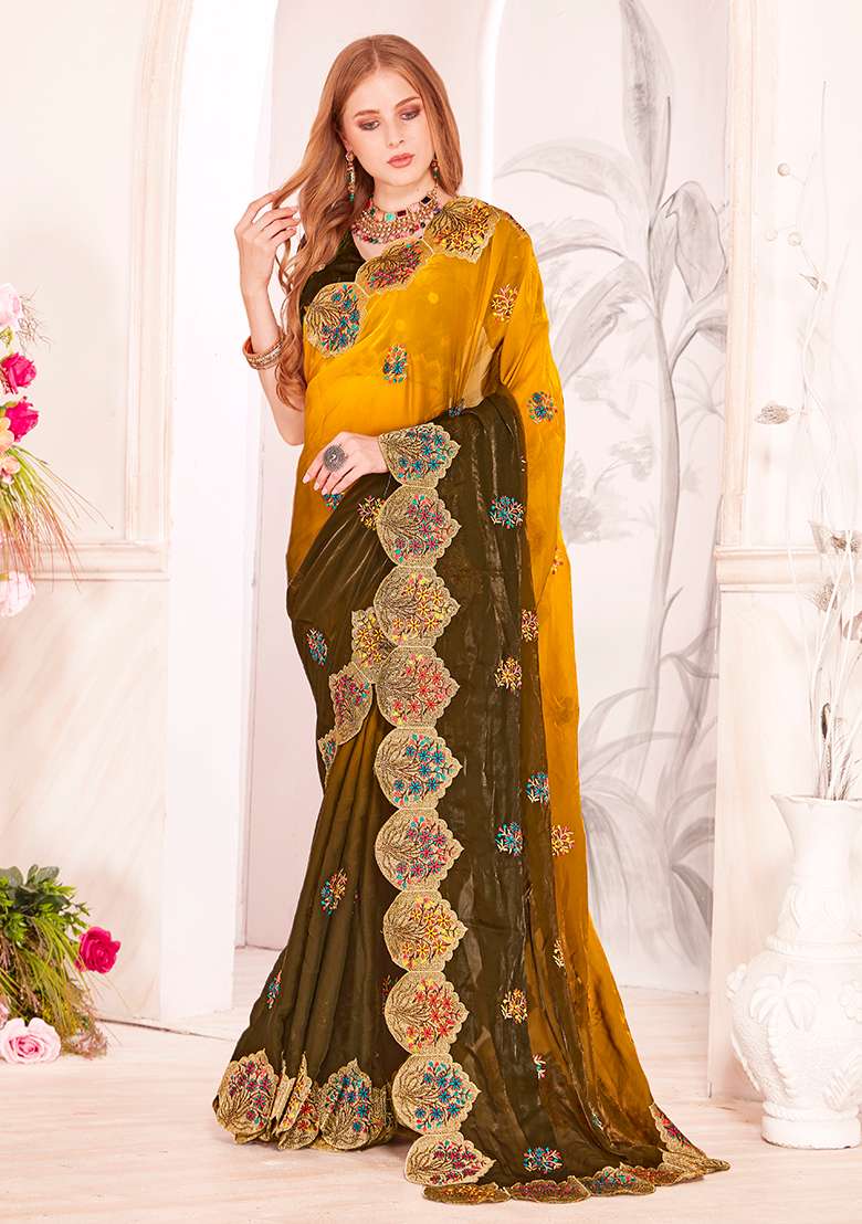 Mustard Work Silk Blend Saree Set with Embroidery for Diwali | Wedding & Festive Wear - Indya