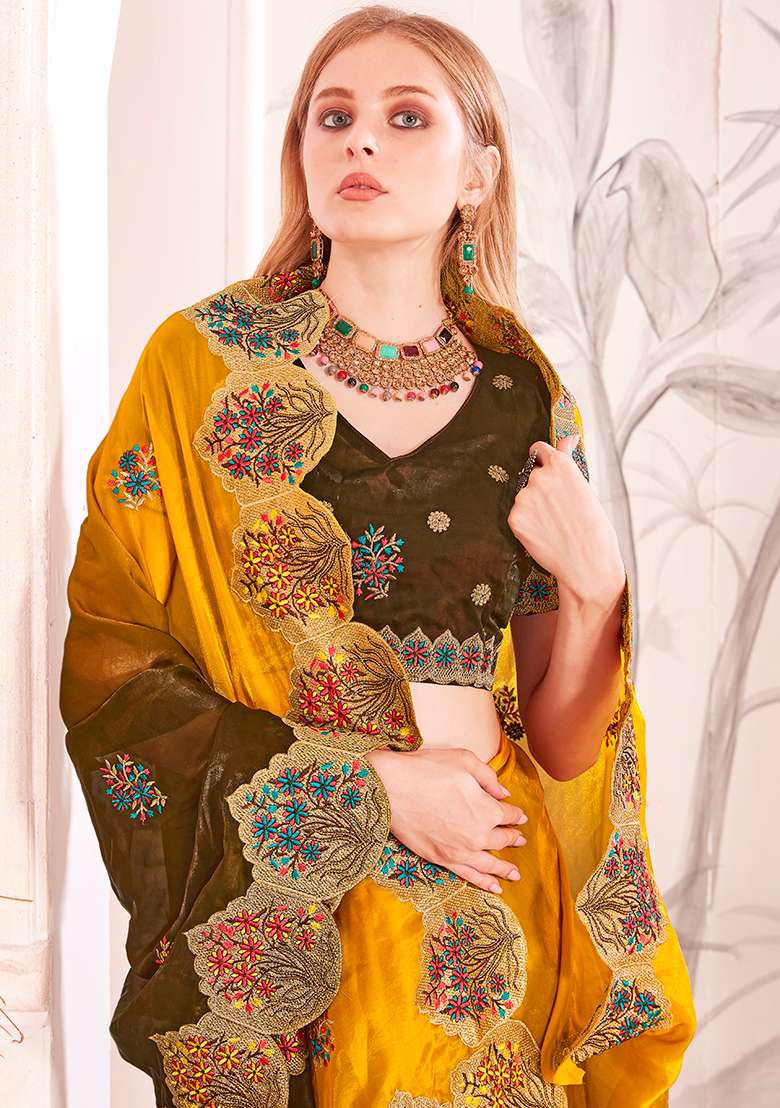 Mustard Work Silk Blend Saree Set with Embroidery for Diwali | Wedding & Festive Wear - Indya