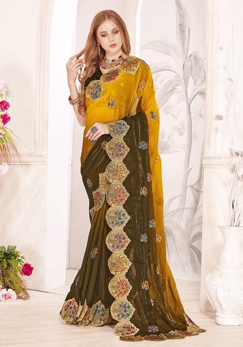 Mustard Embroidery Work Silk Saree Set