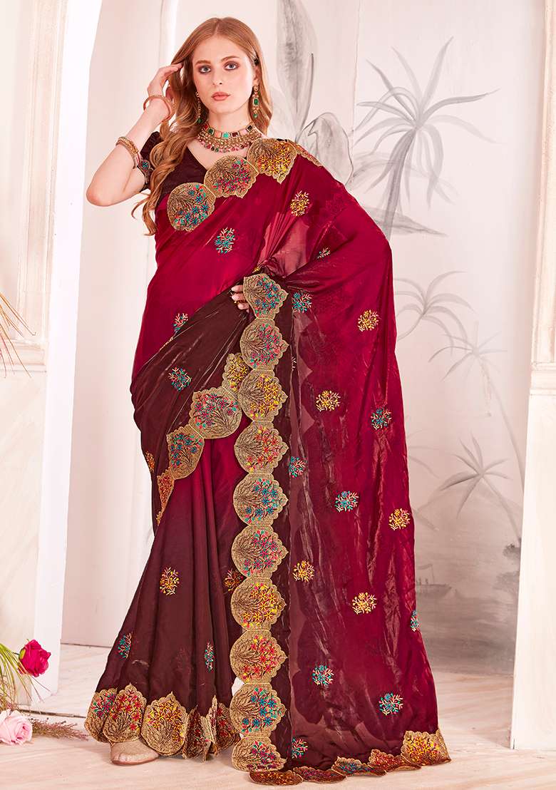 Red Work Silk Blend Saree Set with Embroidery for Diwali | Wedding & Festive Wear - Indya