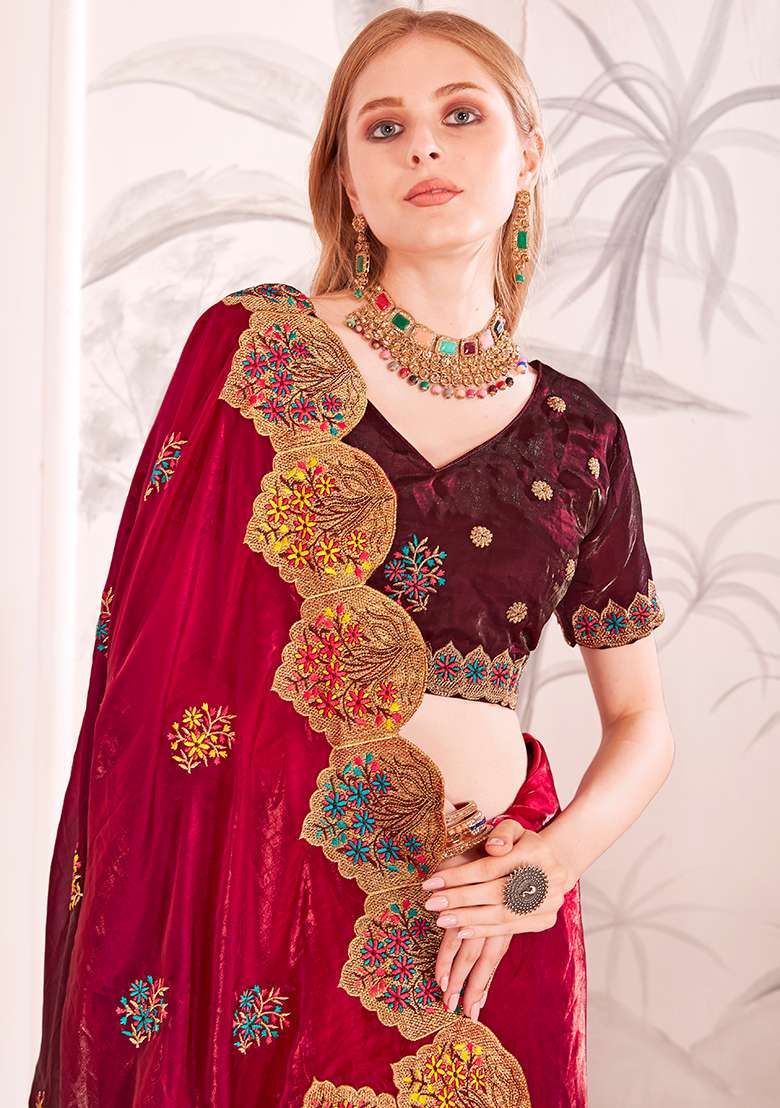 Red Work Silk Blend Saree Set with Embroidery for Diwali | Wedding & Festive Wear - Indya