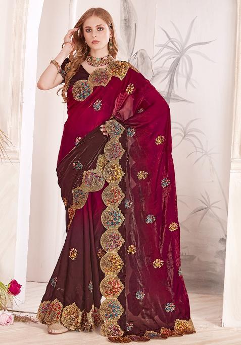 Red Embroidery Work Silk Saree Set