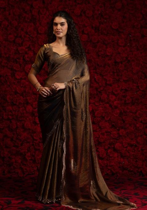 Gold Zircon Cut Work Silk Saree Set