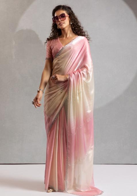 Pink Zircon Cut Work Silk Saree Set