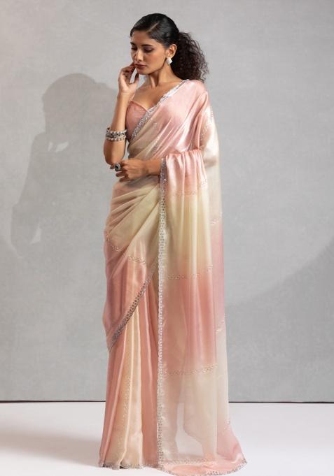 Peach Zircon Cut Work Silk Saree Set