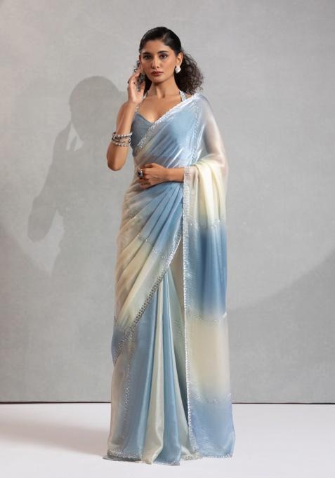 Firozi Zircon Cut Work Silk Saree Set