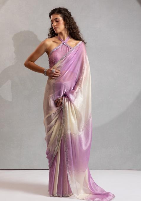 Purple Zircon Cut Work Silk Saree Set