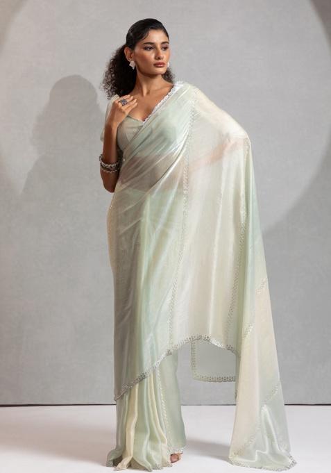 Pista Zircon Cut Work Silk Saree Set