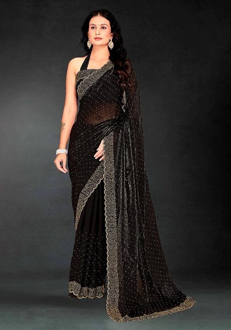 Black Zircon Cut Work Silk Saree Set