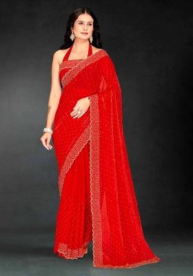 Red Zircon Cut Work Silk Blend Saree Set
