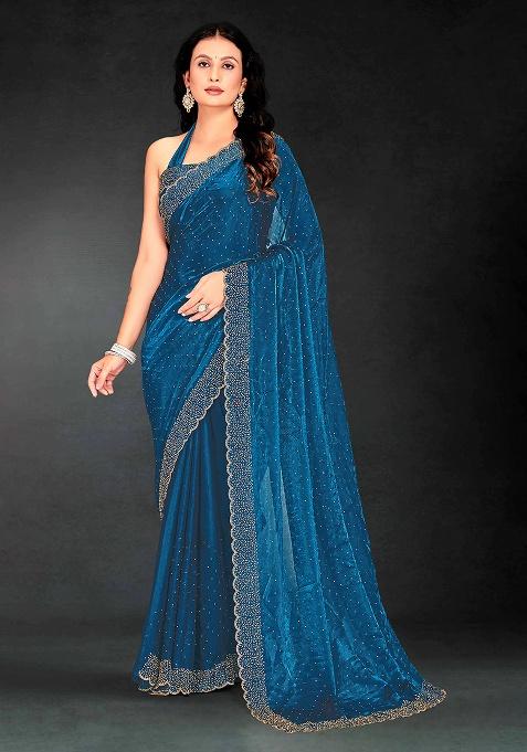 Blue Zircon Cut Work Silk Saree Set
