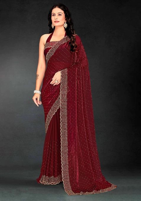 Maroon Zircon Cut Work Silk Saree Set