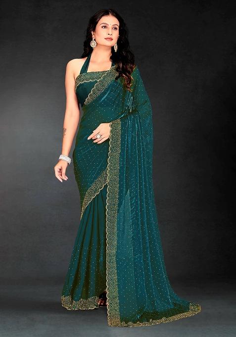 Baby Green Zircon Cut Work Silk Saree Set