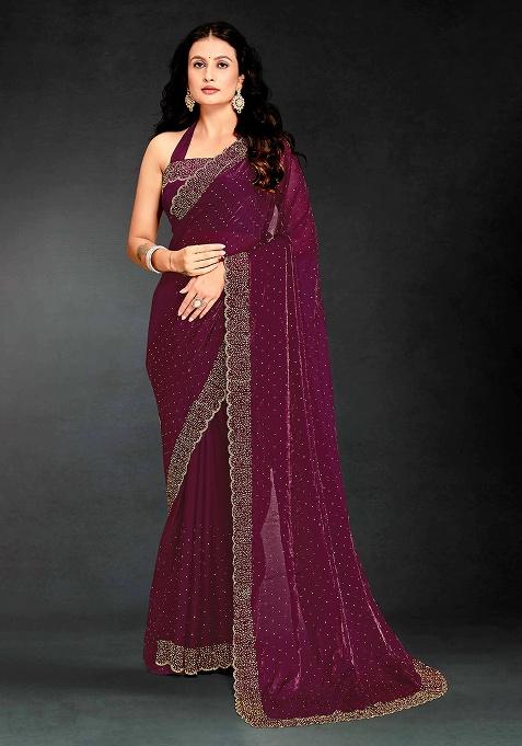 Wine Zircon Cut Work Silk Saree Set