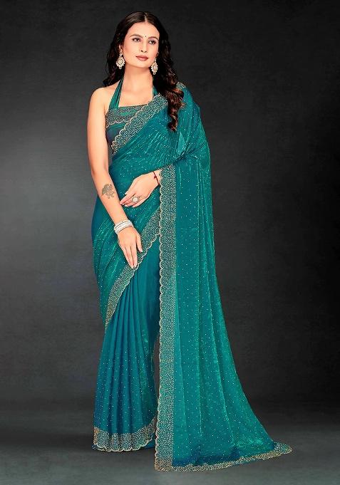 Firozi Zircon Cut Work Silk Saree Set