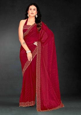 Red Zircon Cut Work Silk Blend Saree Set