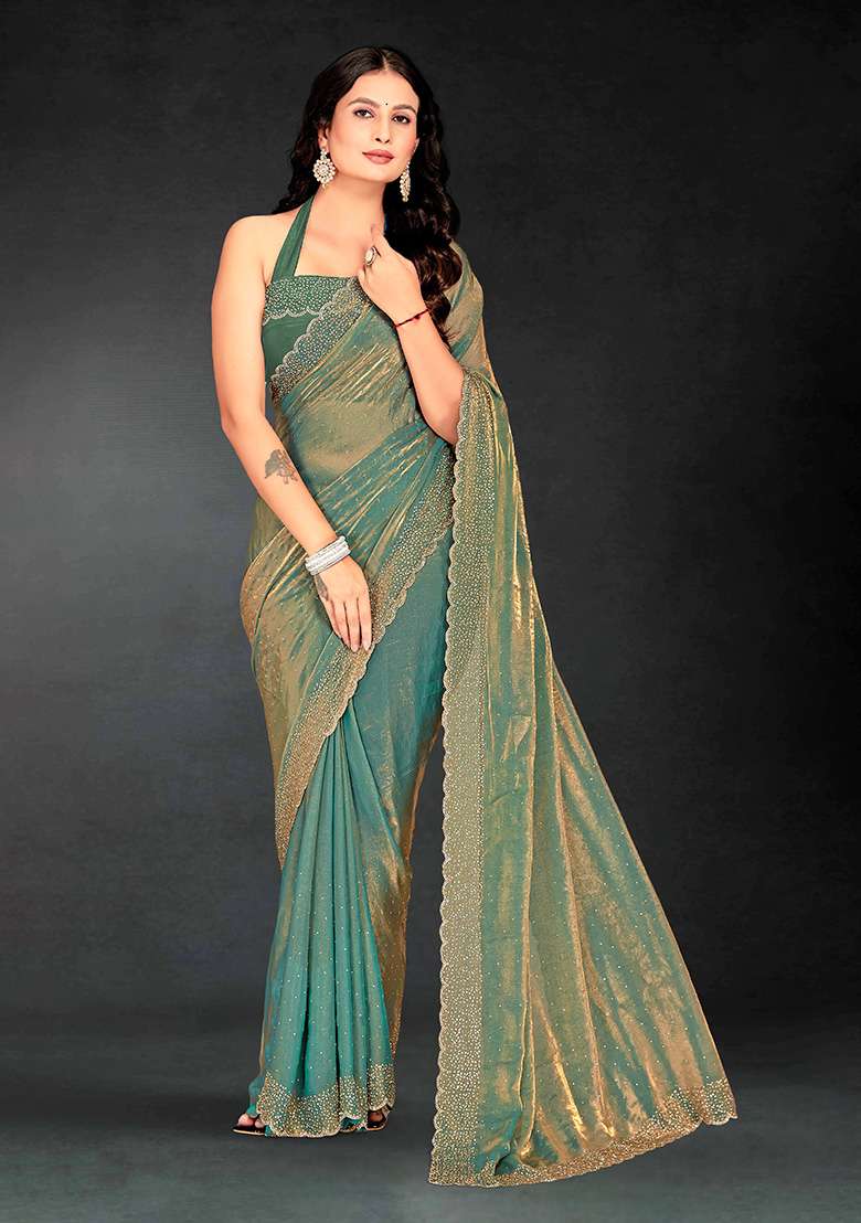 Blue Zircon Cut Work Silk Blend Saree Set for Diwali | Wedding & Festive Wear - Indya