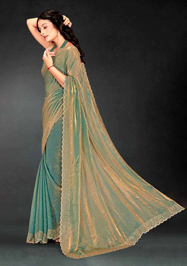 Blue Zircon Cut Work Silk Blend Saree Set for Diwali | Wedding & Festive Wear - Indya