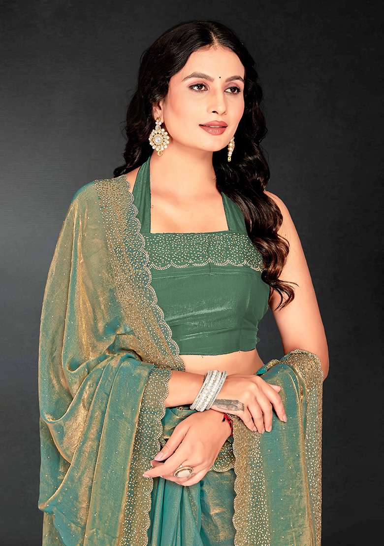 Blue Zircon Cut Work Silk Blend Saree Set for Diwali | Wedding & Festive Wear - Indya