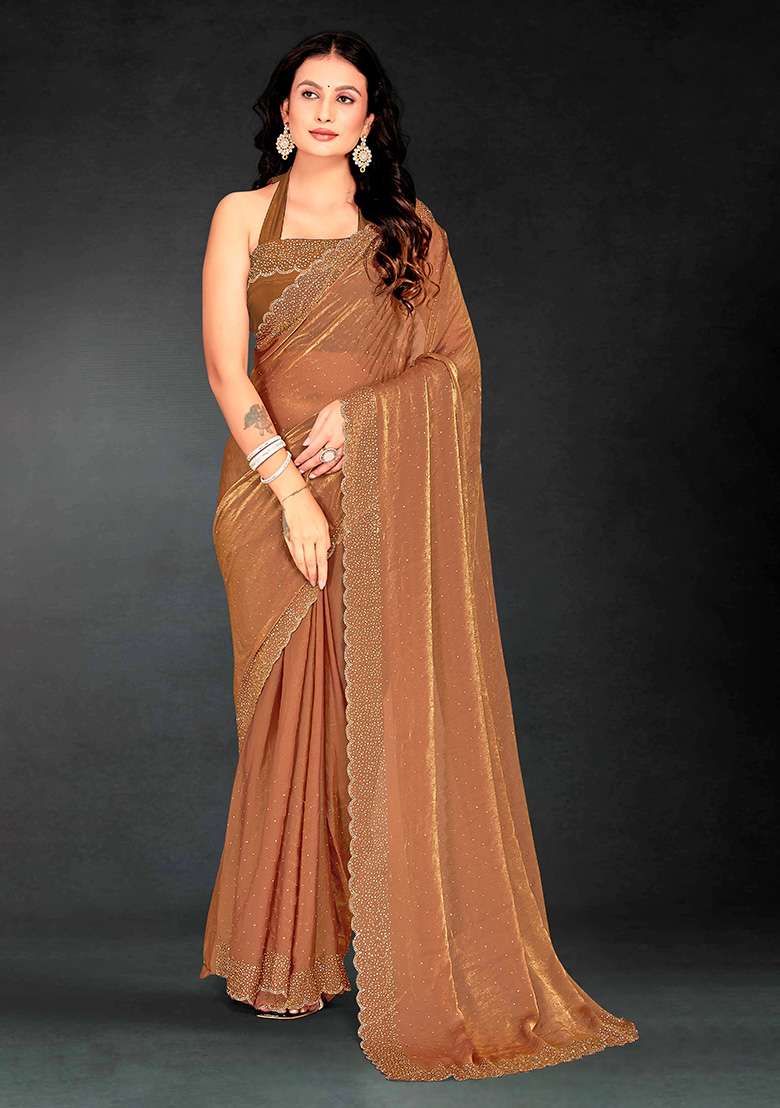 Gold Zircon Cut Work Silk Blend Saree Set for Diwali | Wedding & Festive Wear - Indya