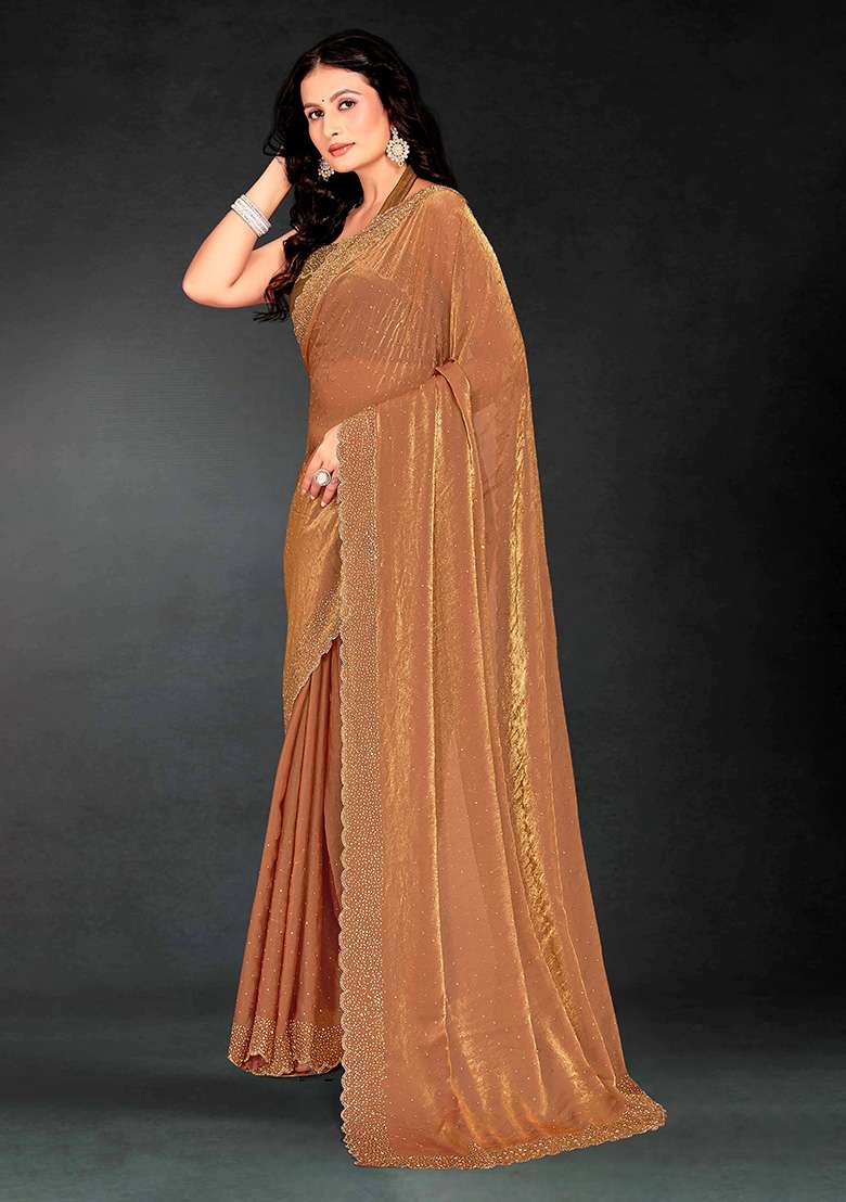 Gold Zircon Cut Work Silk Blend Saree Set for Diwali | Wedding & Festive Wear - Indya