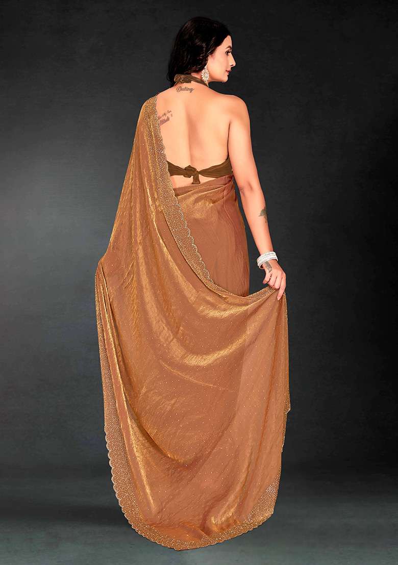 Gold Zircon Cut Work Silk Blend Saree Set for Diwali | Wedding & Festive Wear - Indya