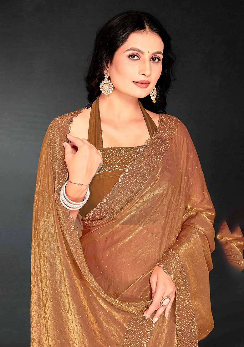 Gold Zircon Cut Work Silk Blend Saree Set for Diwali | Wedding & Festive Wear - Indya
