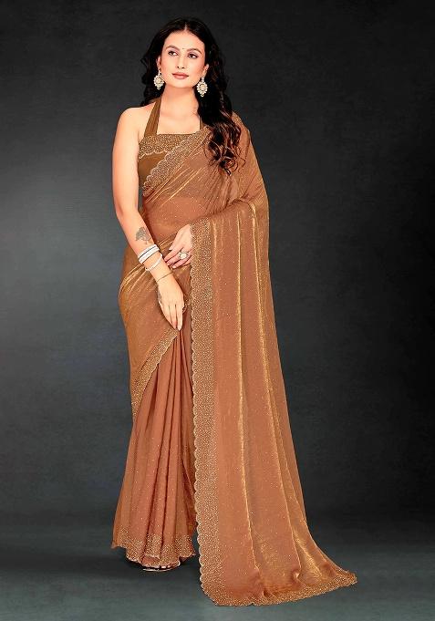 Gold Zircon Cut Work Silk Saree Set