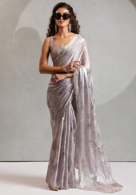 Dusty Grey Heavy Hand Work Zircon Silk Saree Set