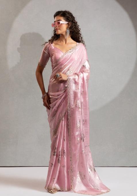 Dusty Pink Heavy Hand Work Zircon Silk Saree Set