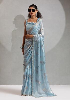 Blue Heavy Hand Work Zircon Silk Blend Saree Set