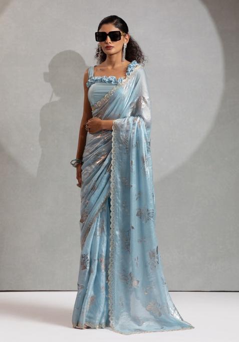Blue Heavy Hand Work Zircon Silk Saree Set