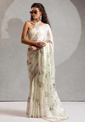 Off White Heavy Hand Work Zircon Silk Saree Set