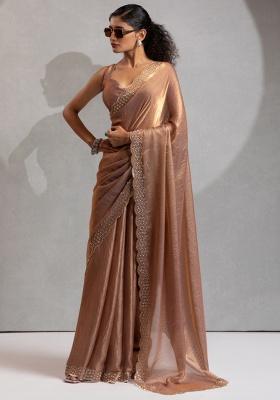 Gold Heavy Hand Work Zircon Silk Saree Set