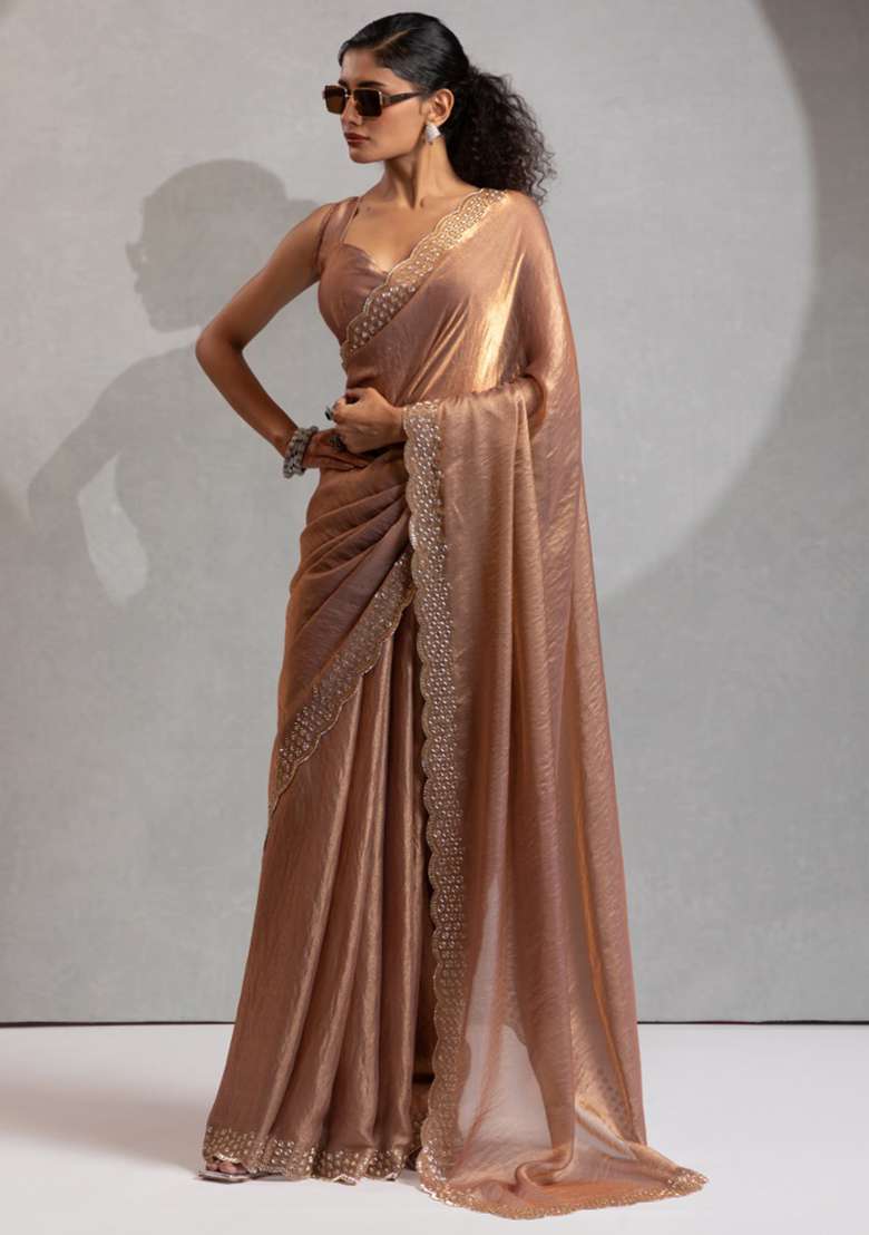 Gold Heavy Zircon Silk Blend Saree Set with Hand Work for Diwali | Wedding & Festive Wear - Indya