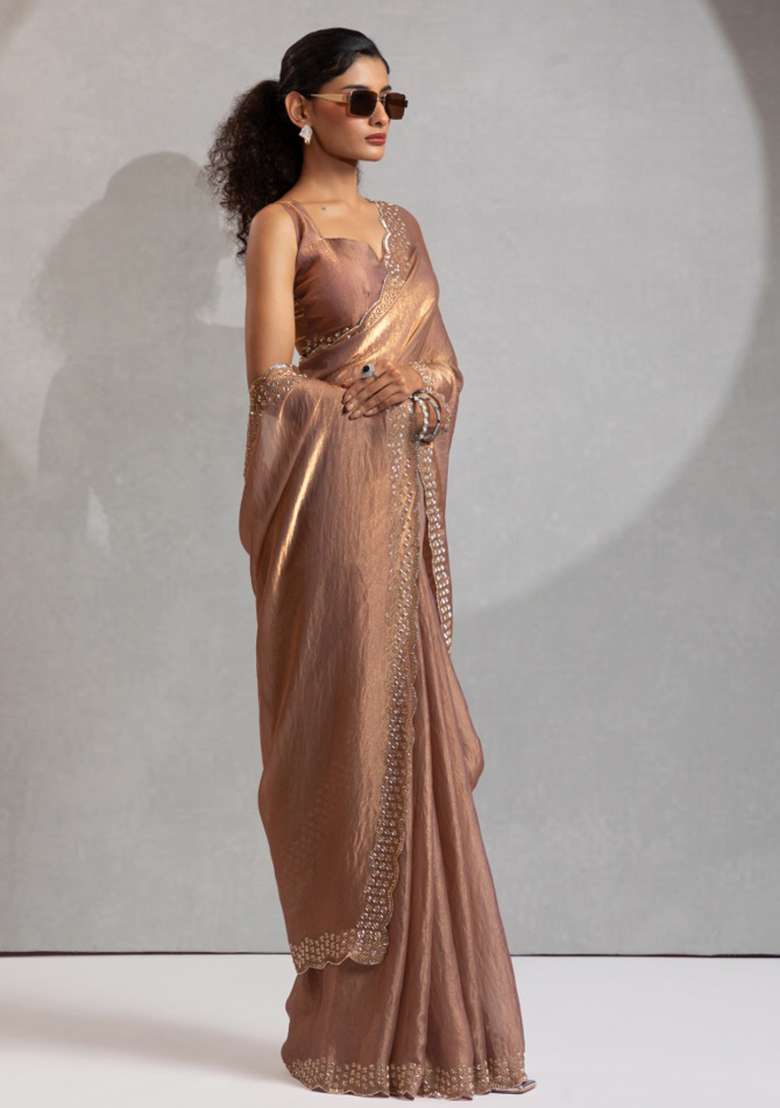 Gold Heavy Zircon Silk Blend Saree Set with Hand Work for Diwali | Wedding & Festive Wear - Indya
