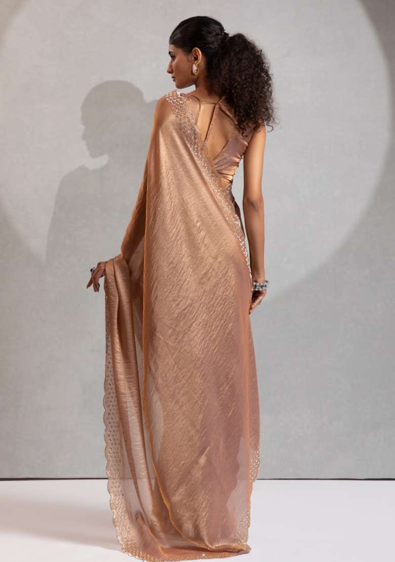 Gold Heavy Zircon Silk Blend Saree Set with Hand Work for Diwali | Wedding & Festive Wear - Indya