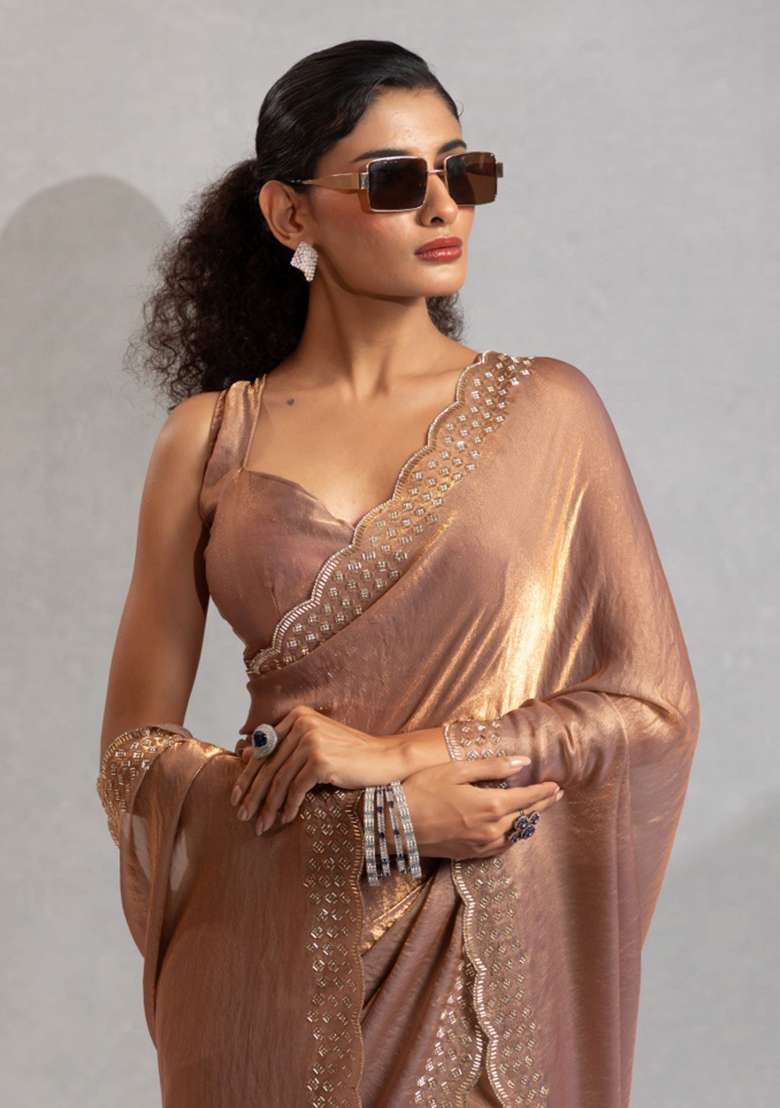 Gold Heavy Zircon Silk Blend Saree Set with Hand Work for Diwali | Wedding & Festive Wear - Indya