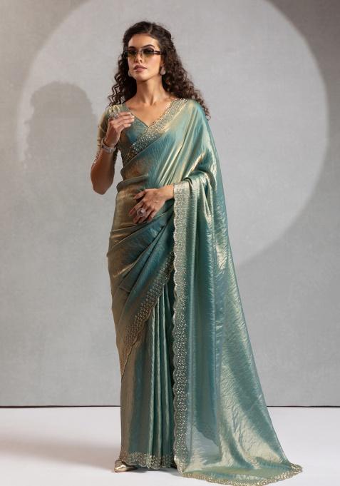Blue Heavy Hand Work Zircon Silk Saree Set