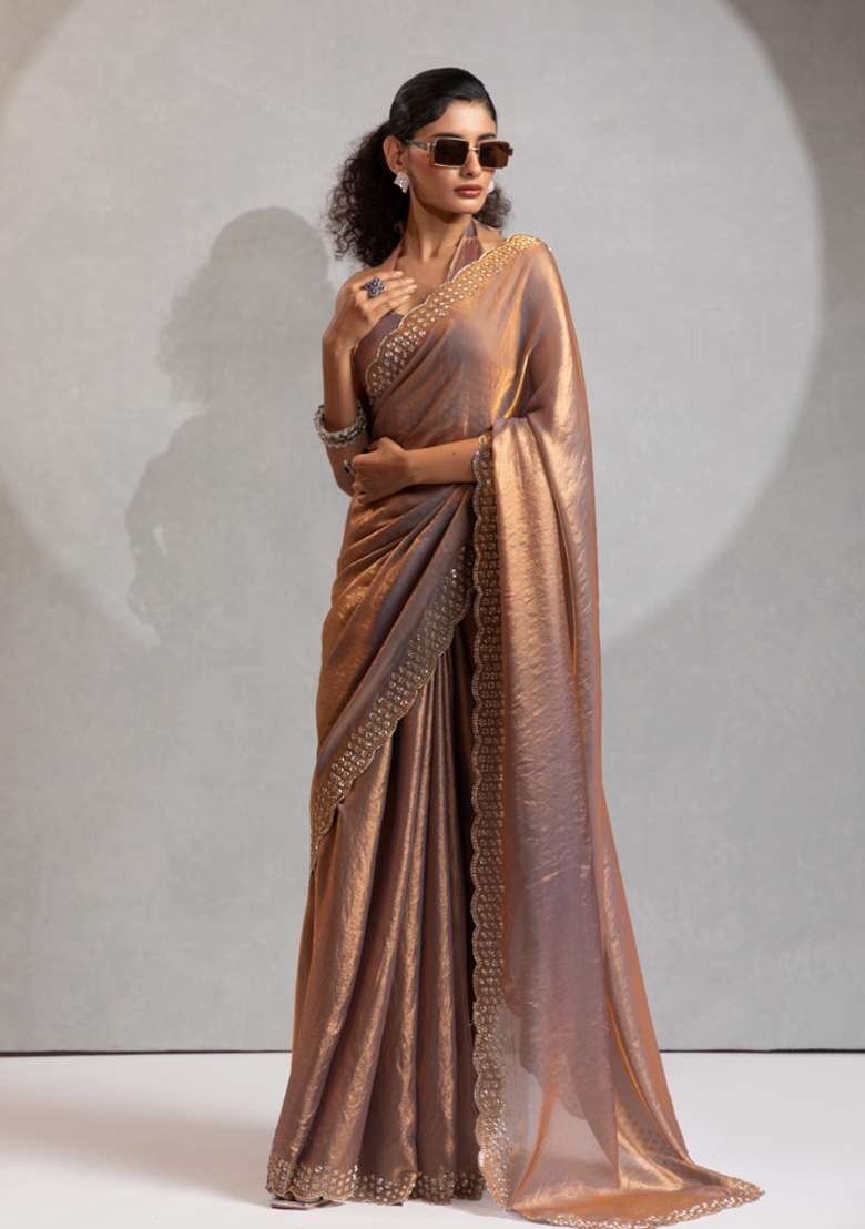Grey Heavy Hand Work Zircon Silk Blend Saree Set for Diwali and Festive Wear - Indya