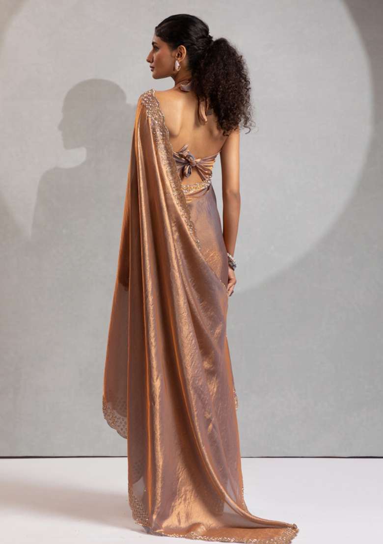 Grey Heavy Hand Work Zircon Silk Blend Saree Set for Diwali and Festive Wear - Indya