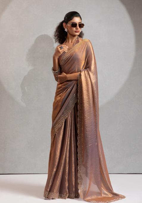 Grey Heavy Hand Work Zircon Silk Saree Set