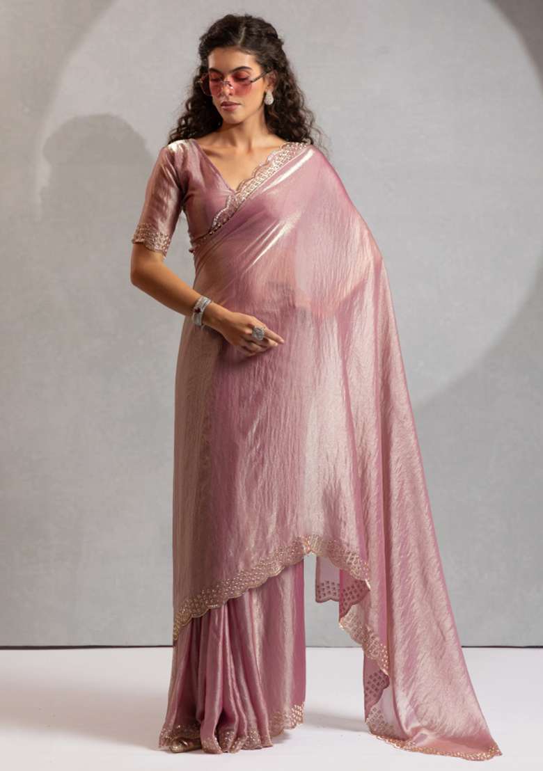 Pink Heavy Hand Work Zircon Silk Blend Saree Set for Diwali and Festive Wear - Indya