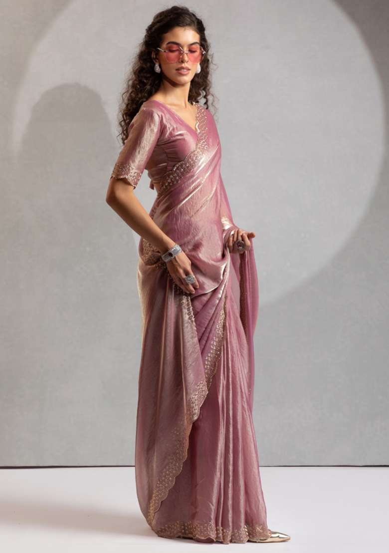 Pink Heavy Hand Work Zircon Silk Blend Saree Set for Diwali and Festive Wear - Indya