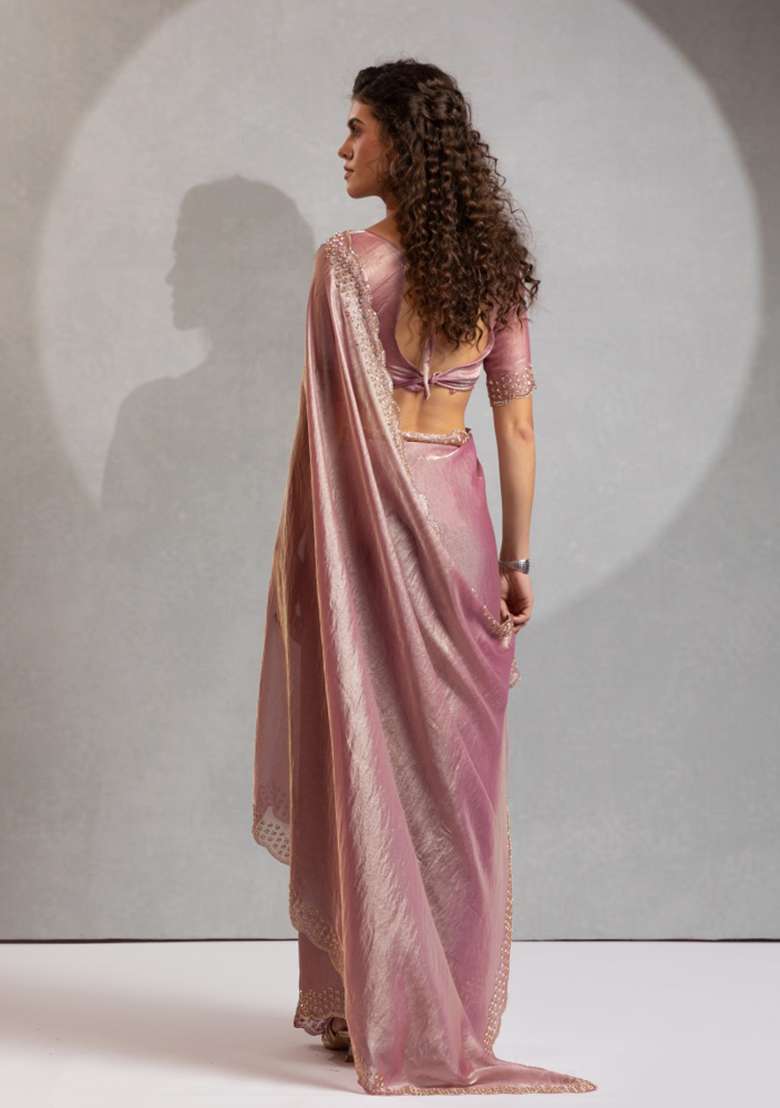 Pink Heavy Hand Work Zircon Silk Blend Saree Set for Diwali and Festive Wear - Indya