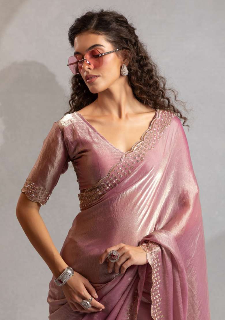 Pink Heavy Hand Work Zircon Silk Blend Saree Set for Diwali and Festive Wear - Indya