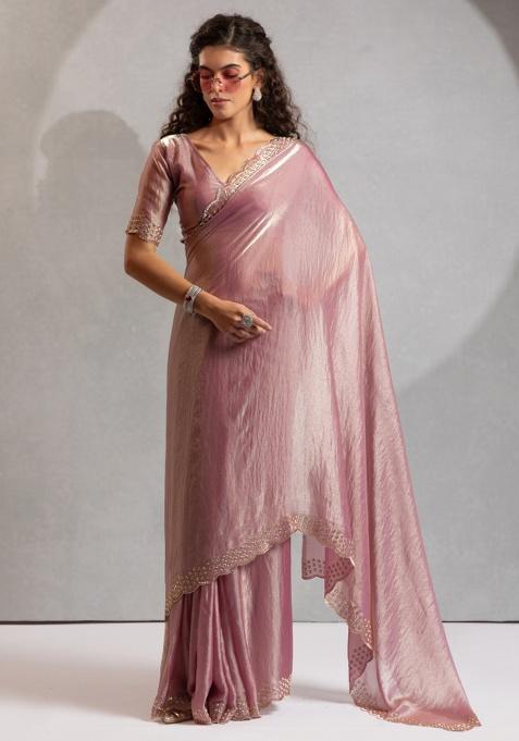 Pink Heavy Hand Work Zircon Silk Saree Set