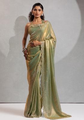 Pista Heavy Hand Work Zircon Silk Saree Set