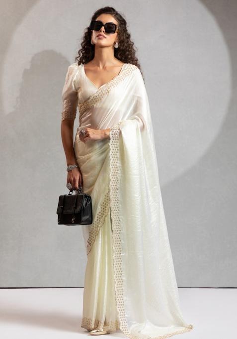 White Heavy Hand Work Zircon Silk Saree Set